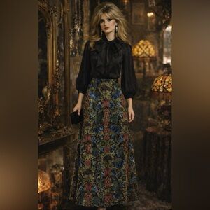 Vintage 1960’s Floral Velvet - Thick, Tapestry, Maxi Skirt - Multicolor